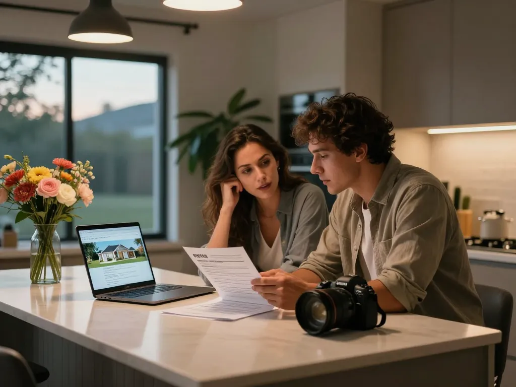 Sell my house fast for cash with couple reviewing offers in warm kitchen setting.