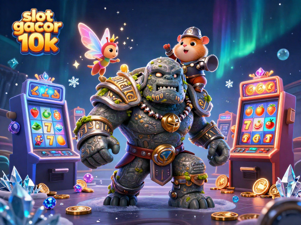 Spin the slot gacor 10k with a magical golem, fairy, and hamster knight in a vibrant casino scene.