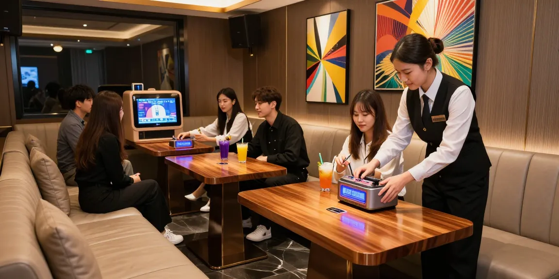 강남 프리미엄 카라오케 공간에서 고객이 즐거운 시간을 보내는 모습 - gugudanlounge.com/의 고급스러운 분위기 반영