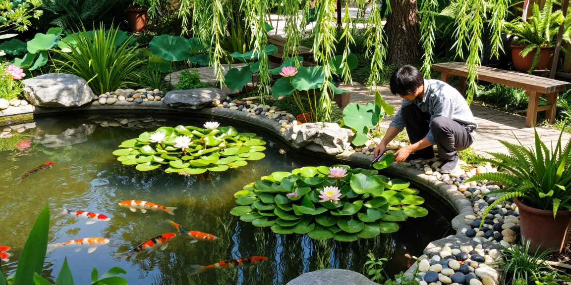 Pond plants thrive in a serene garden setting with koi fish swimming.
