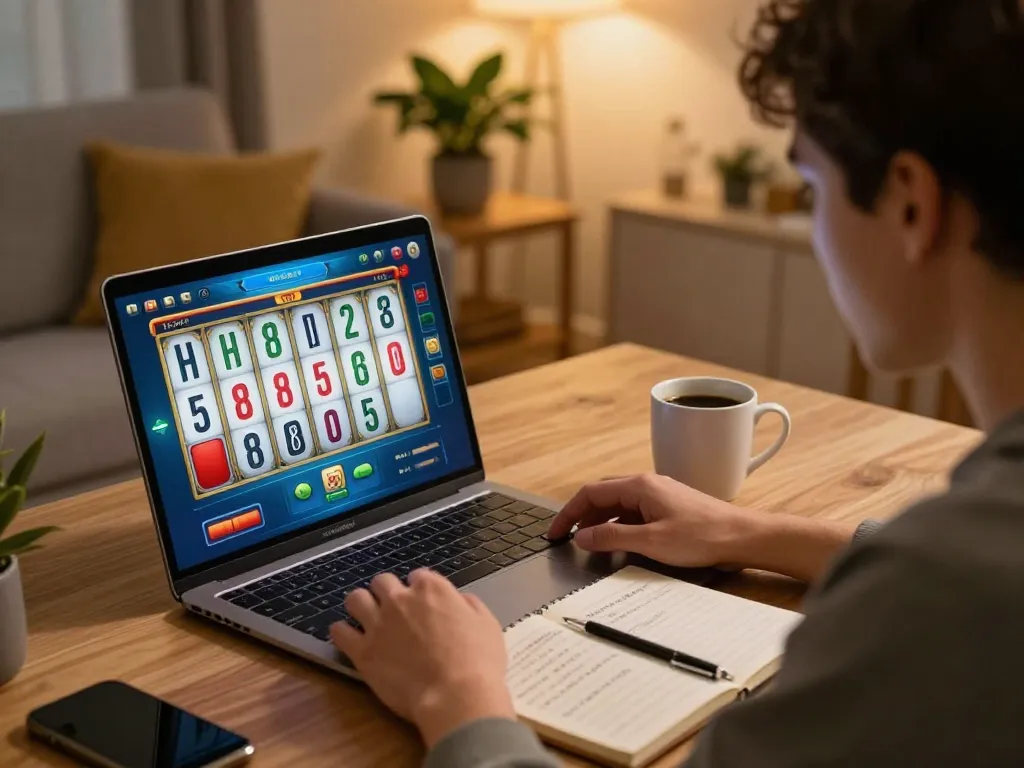 Player enjoying a mahjong slot game on a laptop, showcasing a strategic gaming environment.