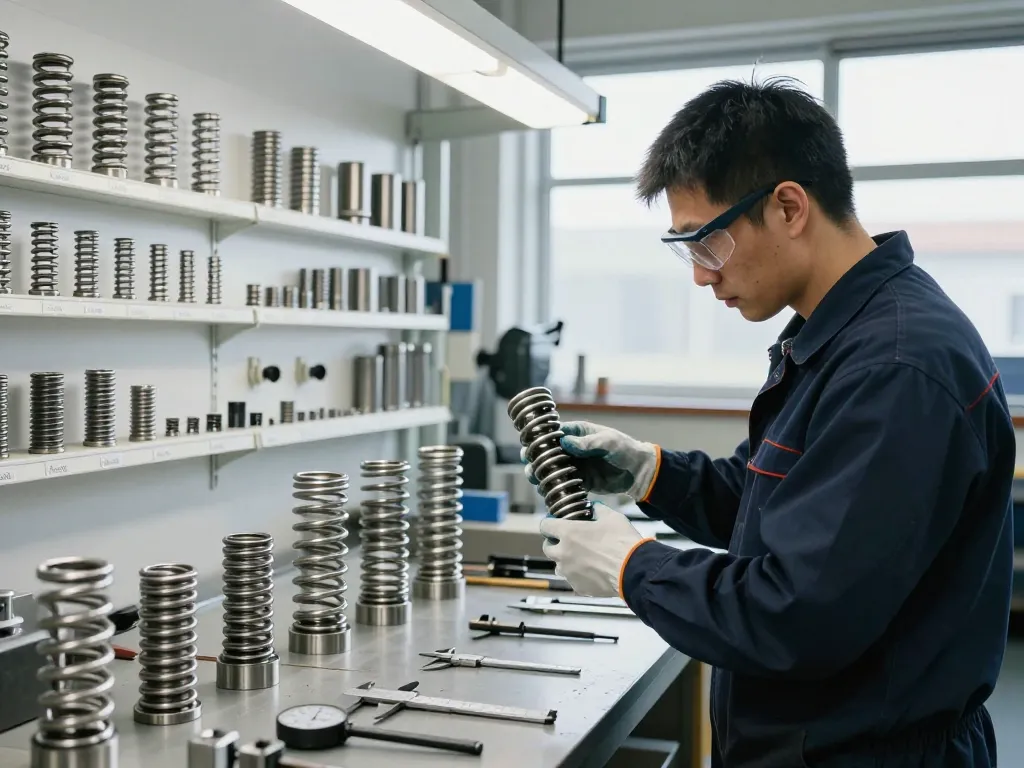 Tehnician inspectând arcuri inox în unei ateliere industriale luminoase.