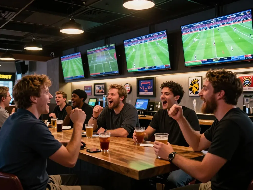 Fans engaging in sports betting at BK8 with vibrant atmosphere and live match displays.