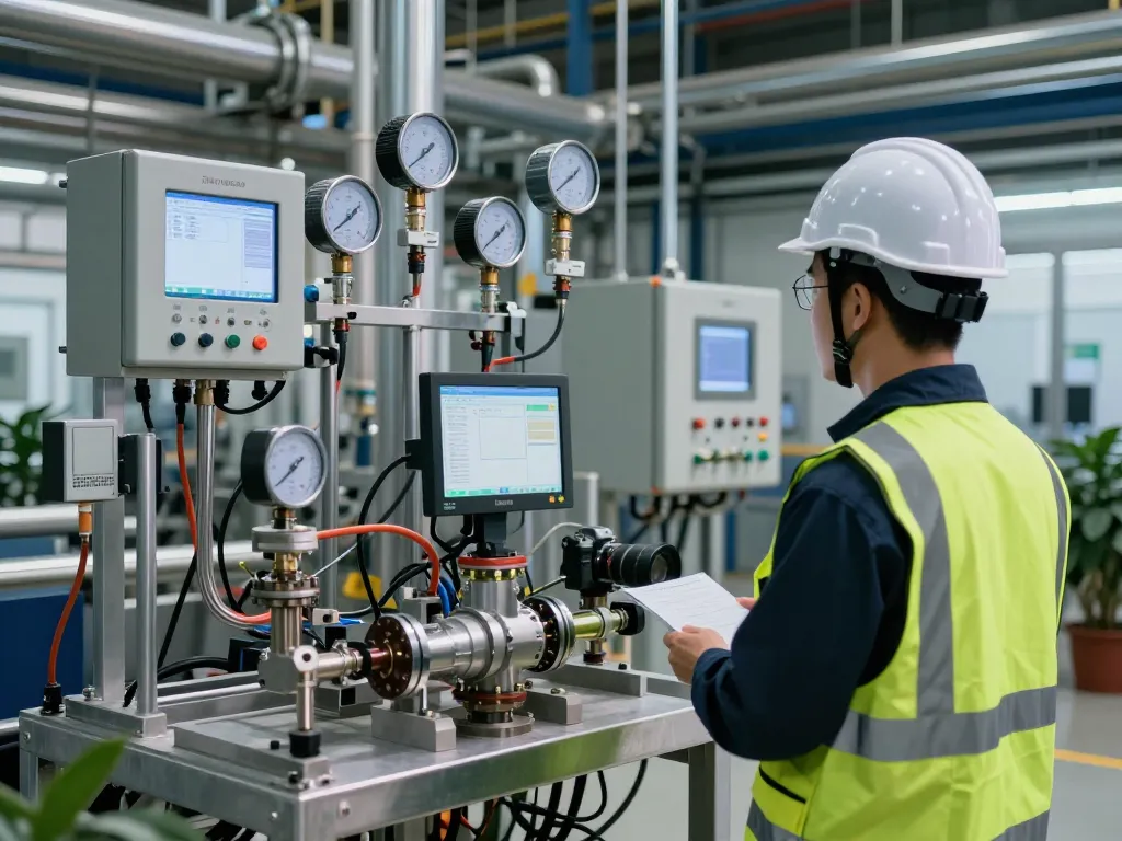 Engineer inspecting Endress Hauser flow measurement technology in a modern industrial facility.