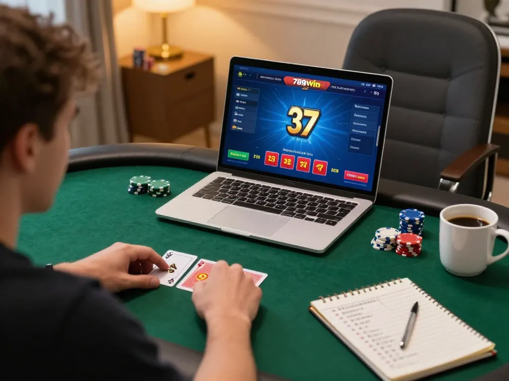 Engaged player strategizing during an online poker game on 789win 37 platform, showcasing a cozy home gaming environment.