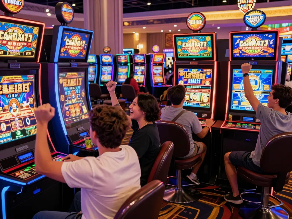 Exciting casino experience at vegasslot77 with players celebrating wins and engaging with colorful slot machines.