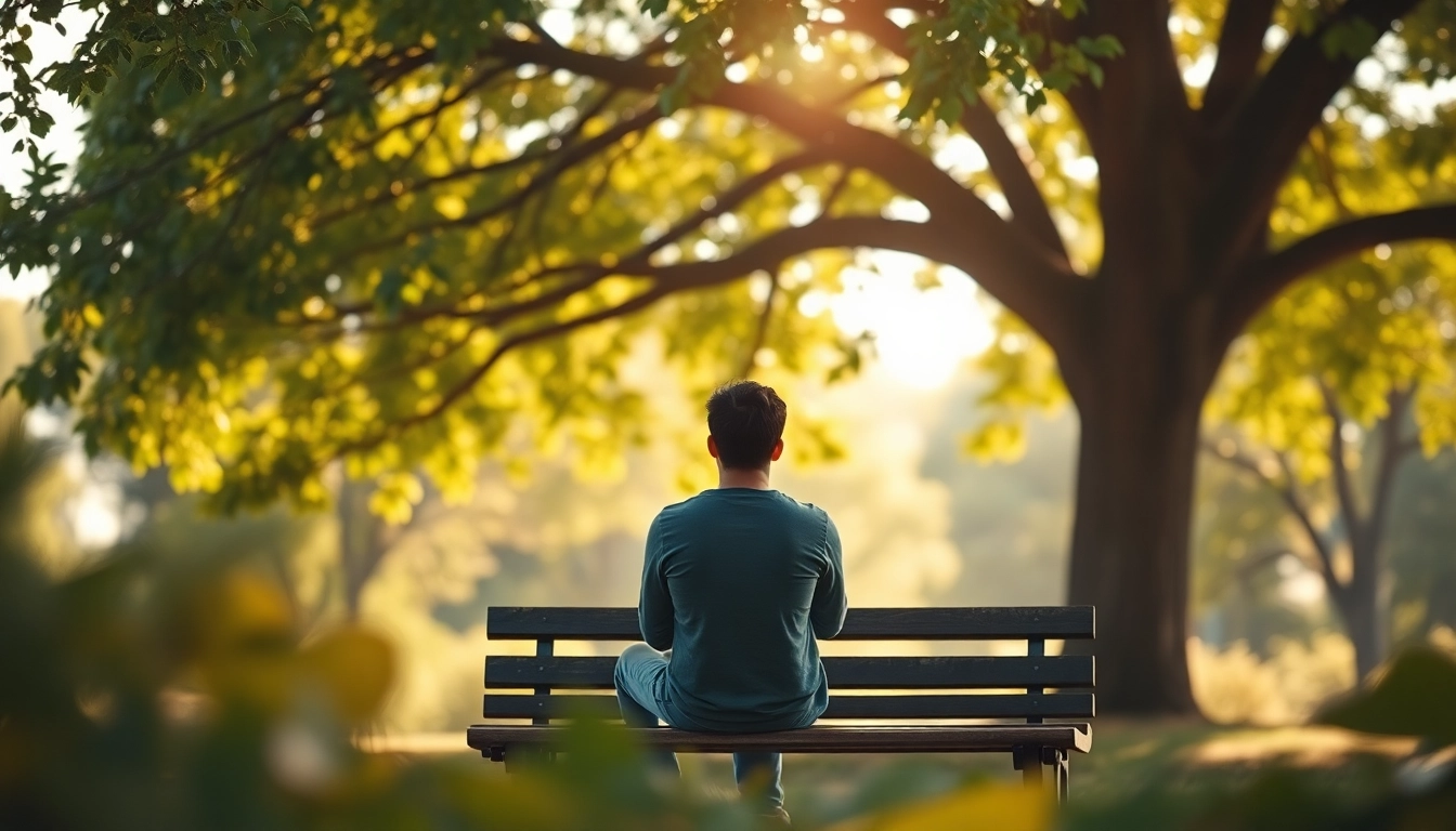 A person reflecting on depression symptoms while seated on a park bench surrounded by nature.