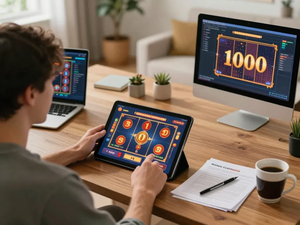 Engaging with slot depo 1000 on a tablet at a cozy online casino setup
