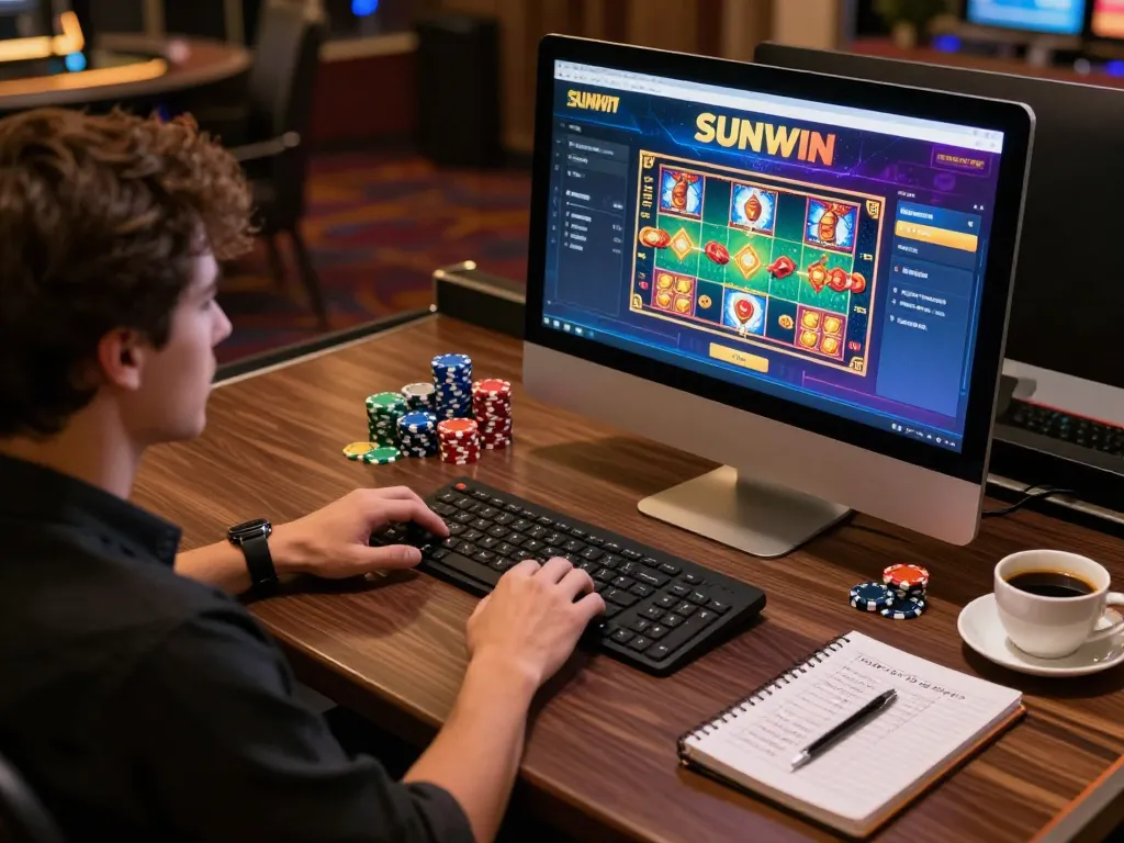 SUNWIN gaming on a stylish desktop setup with a vibrant casino interface and betting strategies