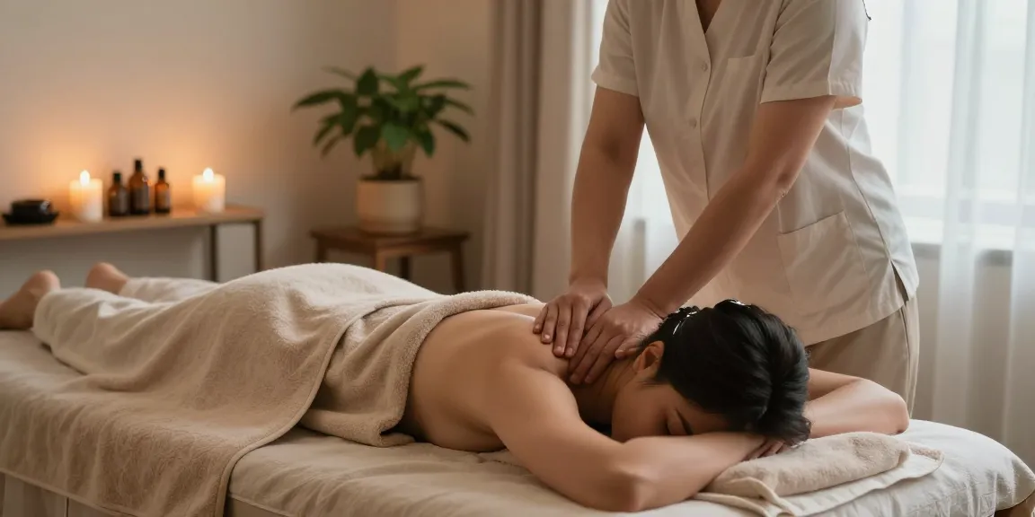 스웨디시 마사지 중인 모습, 아늑한 스파 환경과 자연 광선으로 편안한 기분을 전달합니다.