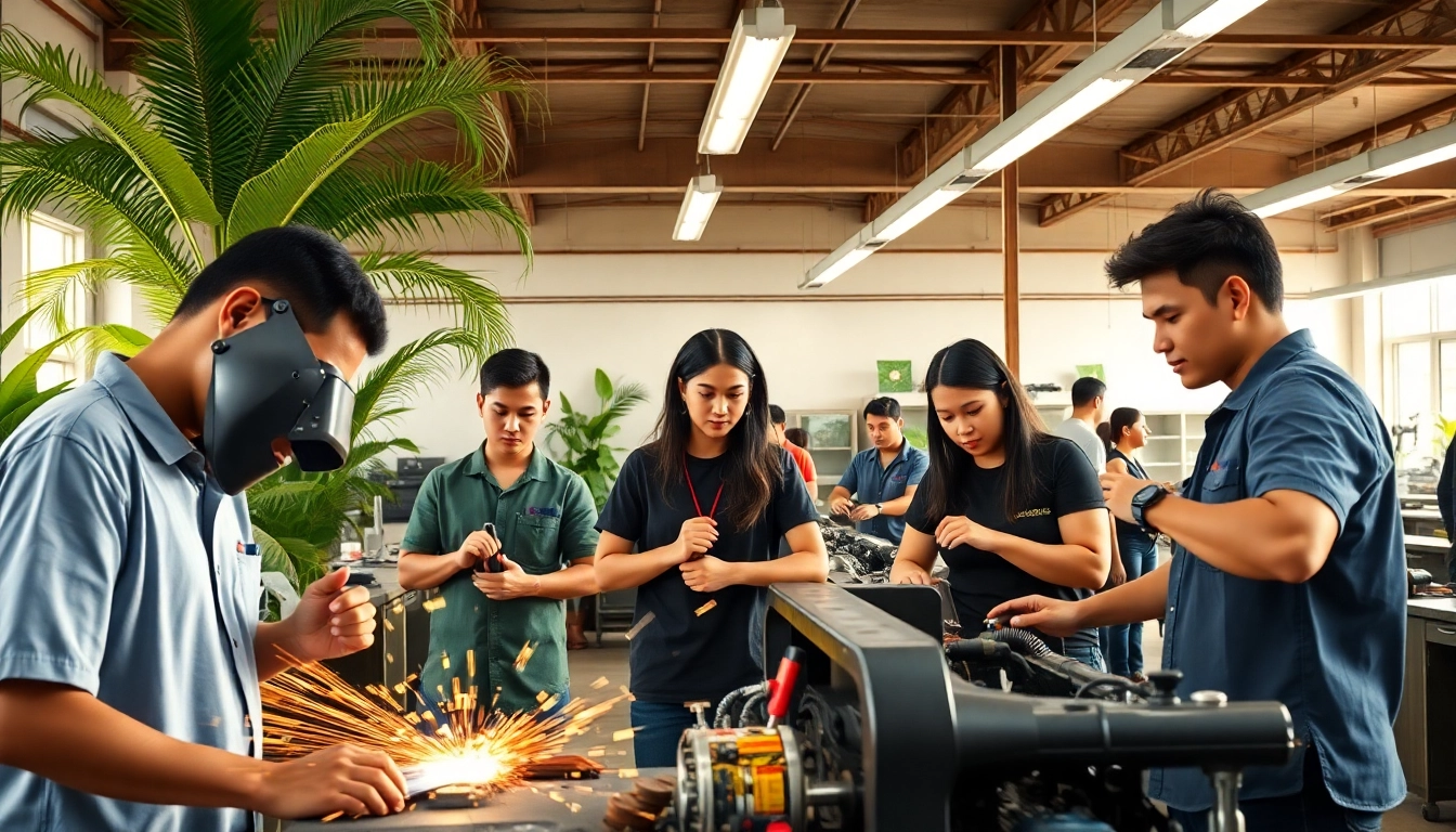 Engaged students at a trade school Hawaii practicing hands-on skills in a vibrant setting.
