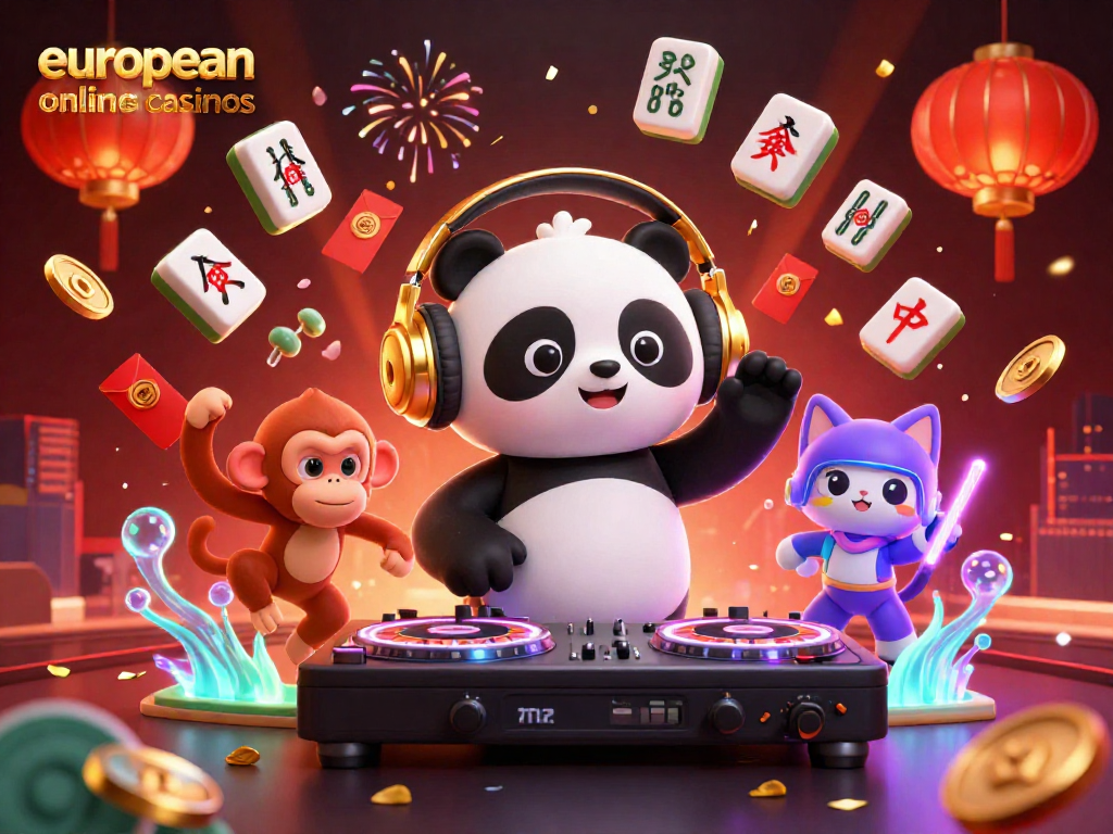 Experience the thrill of european online casinos with a lively 3D scene featuring a DJ panda and vibrant elements.