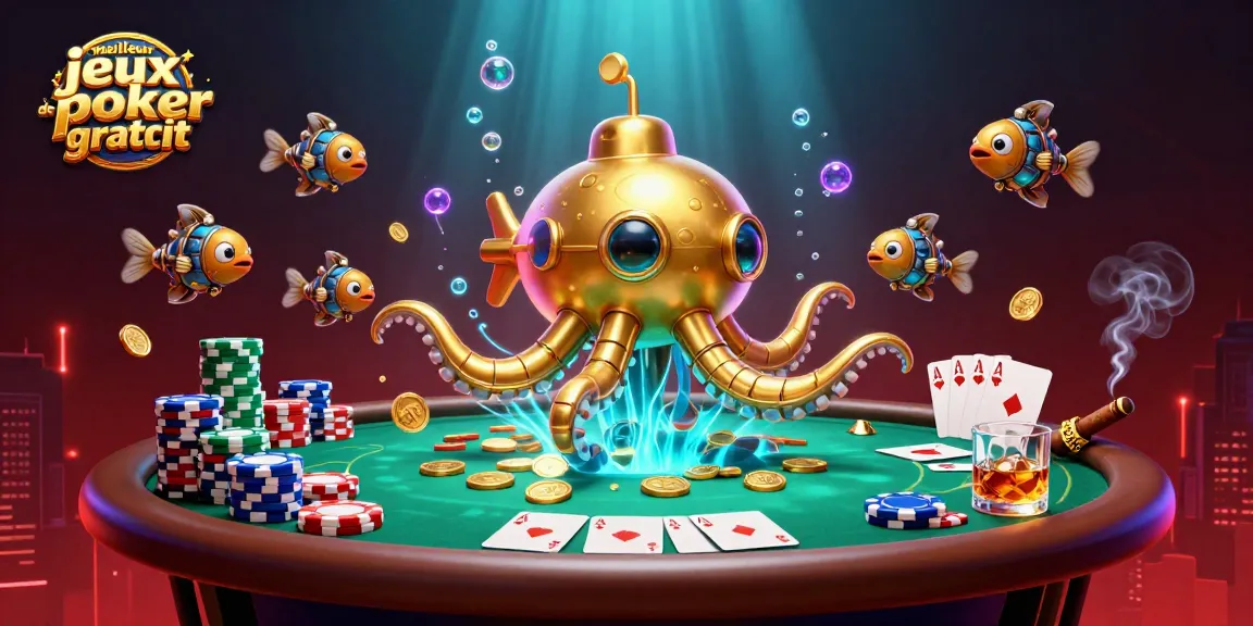 Découvrez le meilleur jeu de poker gratuit avec cette illustration dynamique de poker et un kraken doré.