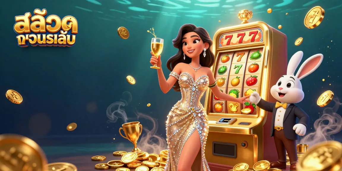 Engage in สล็อตทดลองเล่น with a glamorous woman celebrating by a jackpot machine amidst dazzling casino elements.