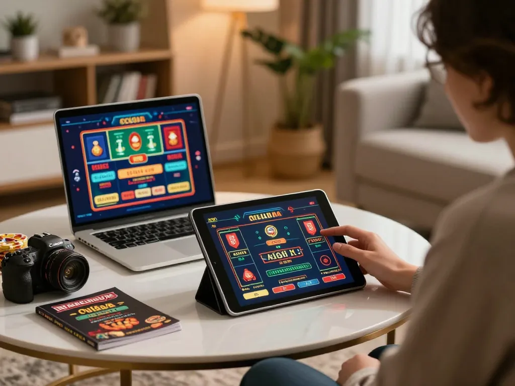 KJC player engrossed in strategic online gambling session with tablet displaying casino game