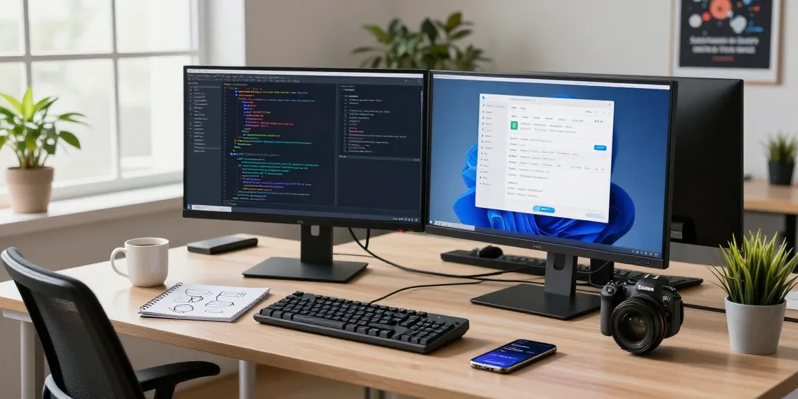 Dynamic workspace illustrating tech productivity with 纸飞机下载 interface on monitors and modern setup.