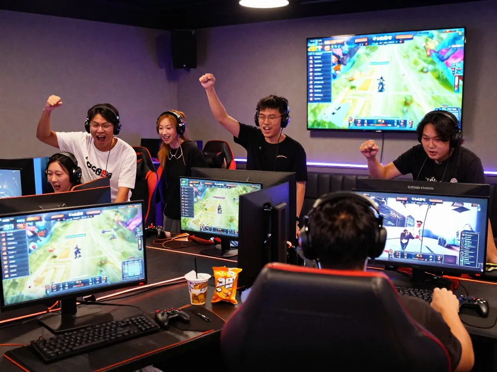 Friends enjoying a thrilling gaming session on Go88, showcasing teamwork and excitement in a lively gaming lounge.