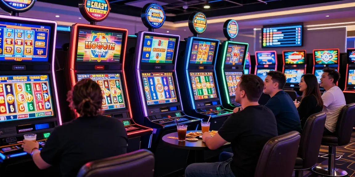 Exciting scene at situs slot gaming area with players enjoying vibrant machines and engaging atmosphere