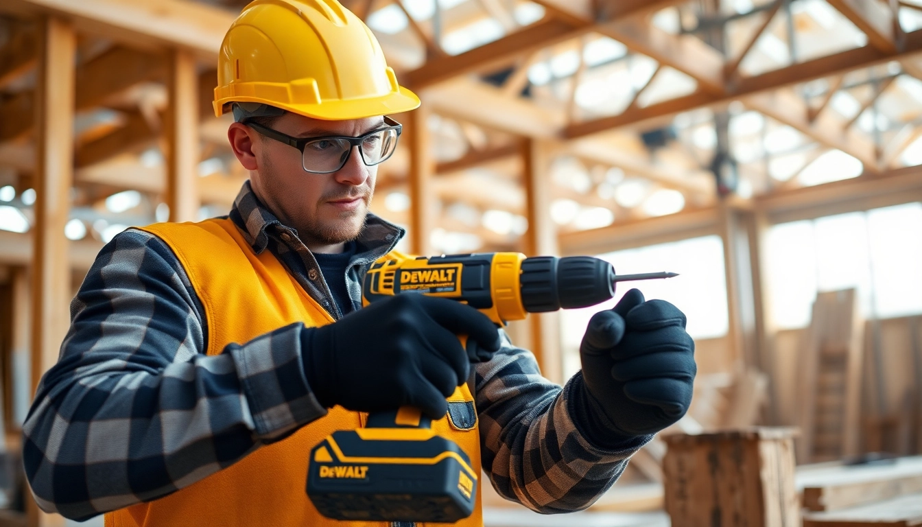 DeWalt Taladro, das von einem Fachmann auf einer Baustelle verwendet wird und Kraft sowie Präzision zeigt.