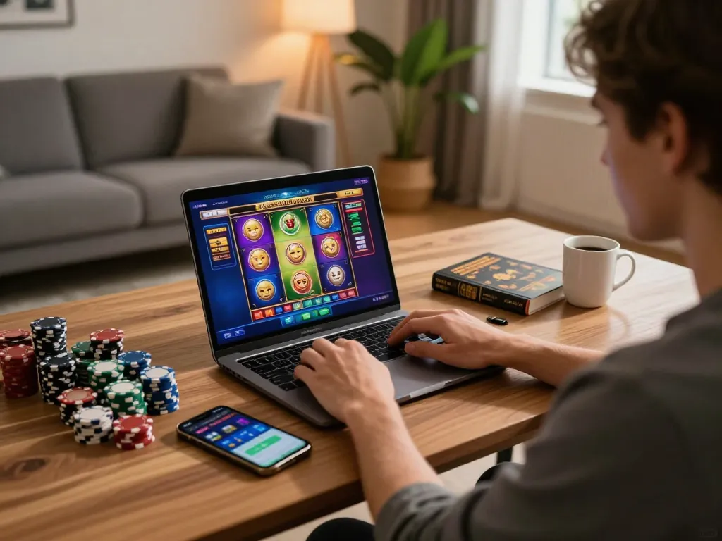 Engaged player exploring nohu online slot game on a laptop at home gaming desk