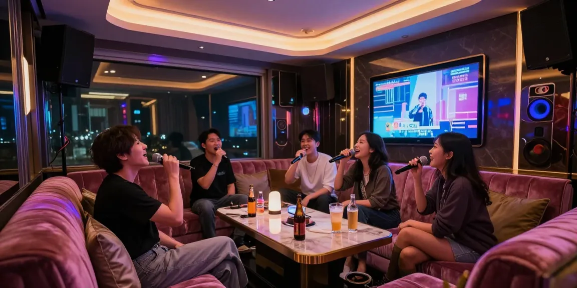강남가라오케에서 즐겁게 노래하고 술을 마시는 장면, 화려한 조명과 고급스러운 인테리어가 돋보인다.