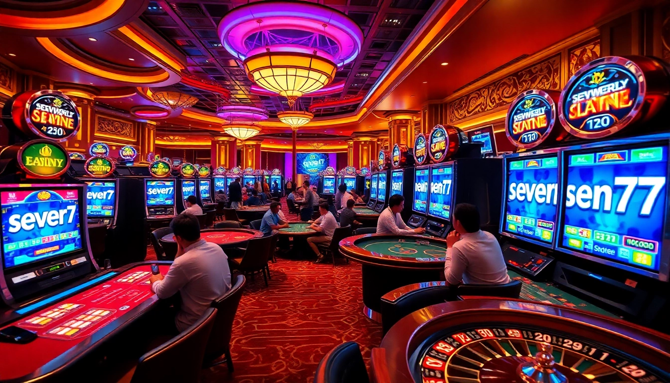 Experience the thrill of seven77 at a luxurious casino with vibrant slot machines and lively gaming tables.
