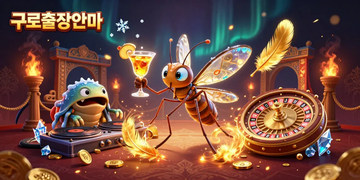 Experience the exciting charm of 구로출장안마 with vibrant visuals of a casino scene featuring a frozen mosquito mascot.