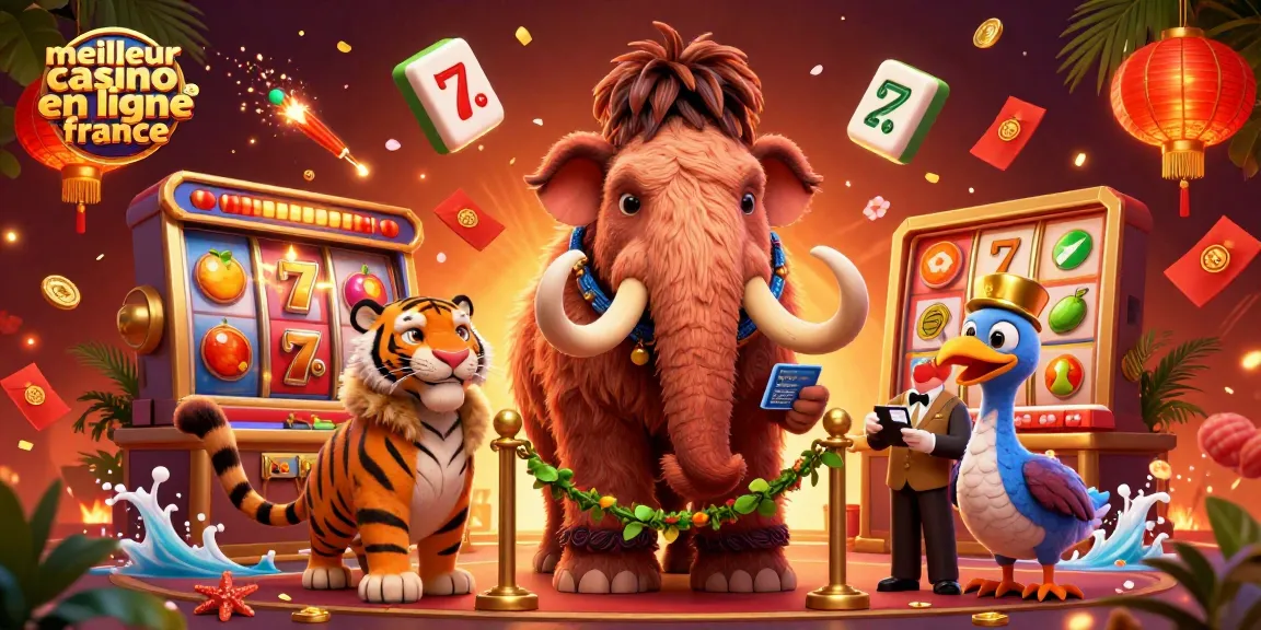 Illustration dynamique du meilleur casino en ligne en France avec un mammouth bouncer et un tigre VIP.