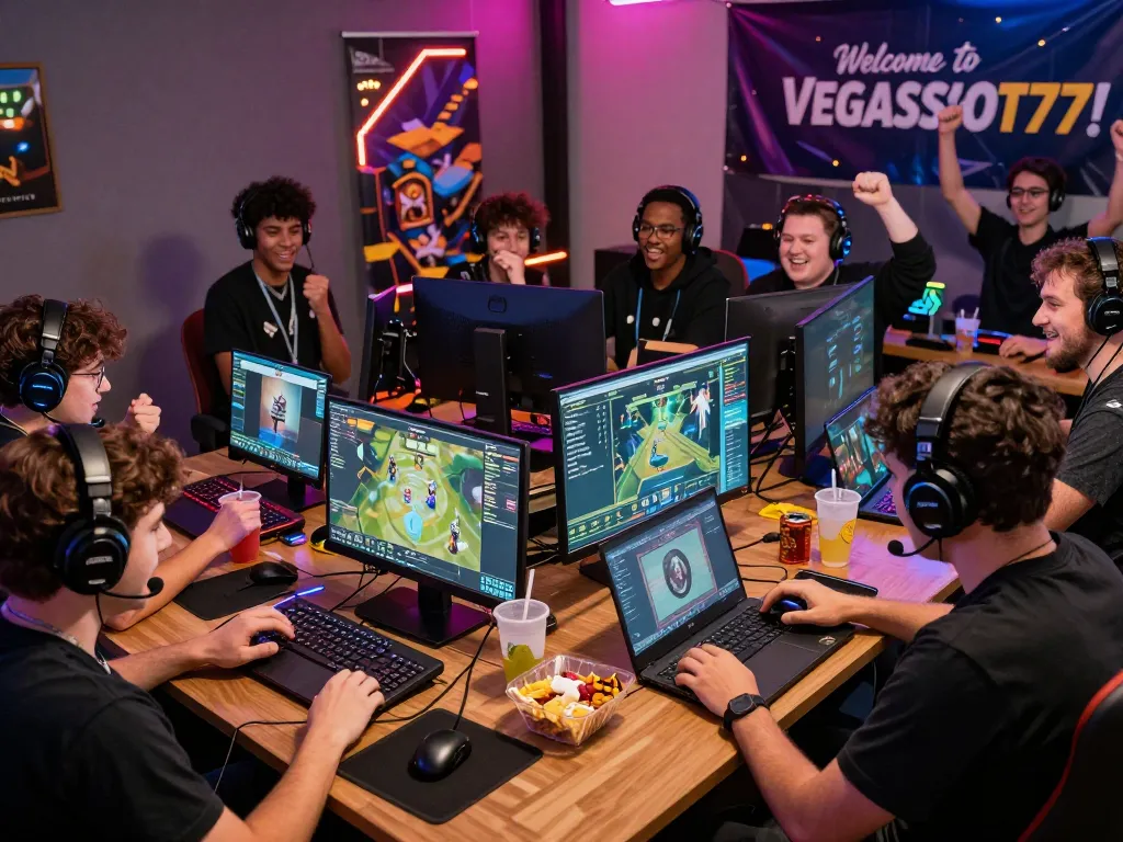 Players enjoying online gaming on VEGASSLOT77 platform in a vibrant atmosphere