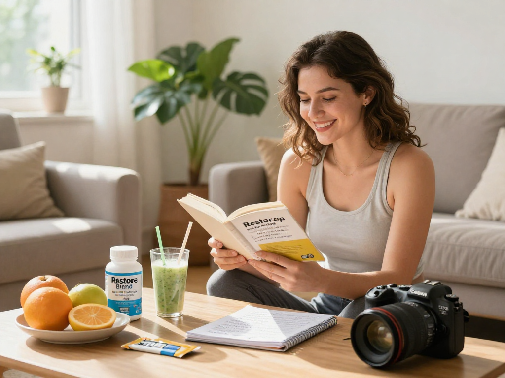 Young woman exploring NAD+ benefits with Restore Blend Peptide Buccal Strips in a bright, welcoming living room.
