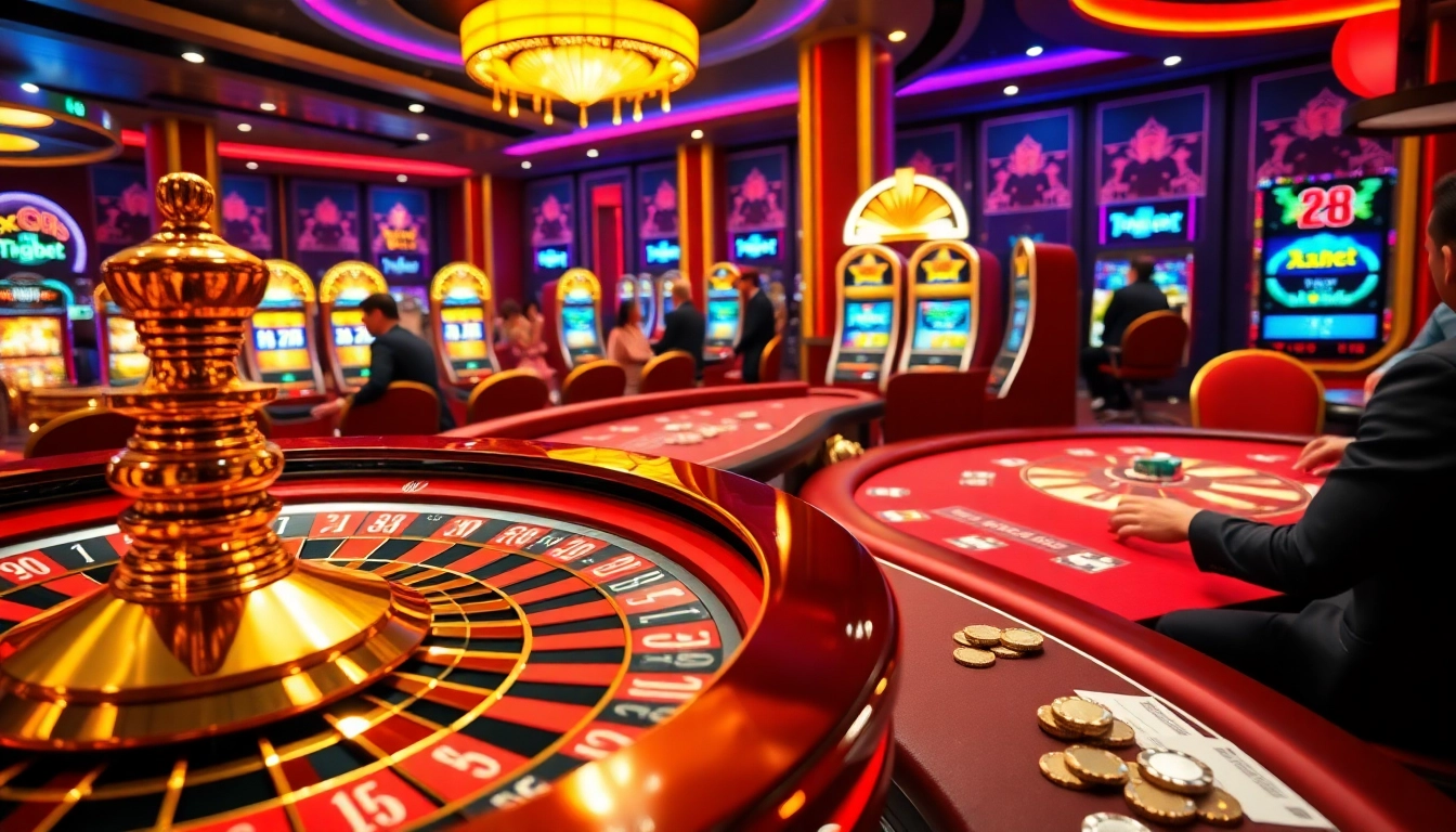 Exciting casino scene featuring xổ số 28bet with roulette and poker games.