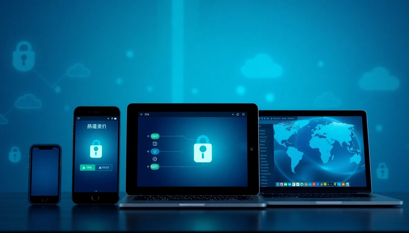 展示多设备无缝连接的快连 VPN 应用界面，象征安全与全球互联。