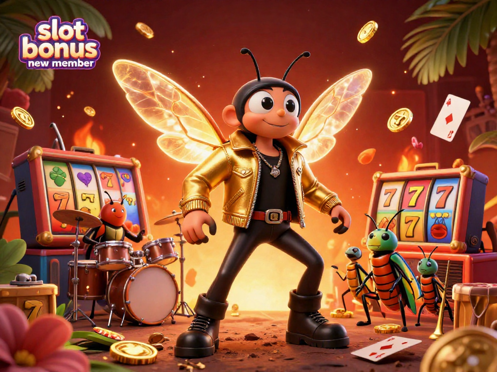 Experience the excitement of slot bonus new member with a vibrant casino-themed illustration featuring unique characters and elements.