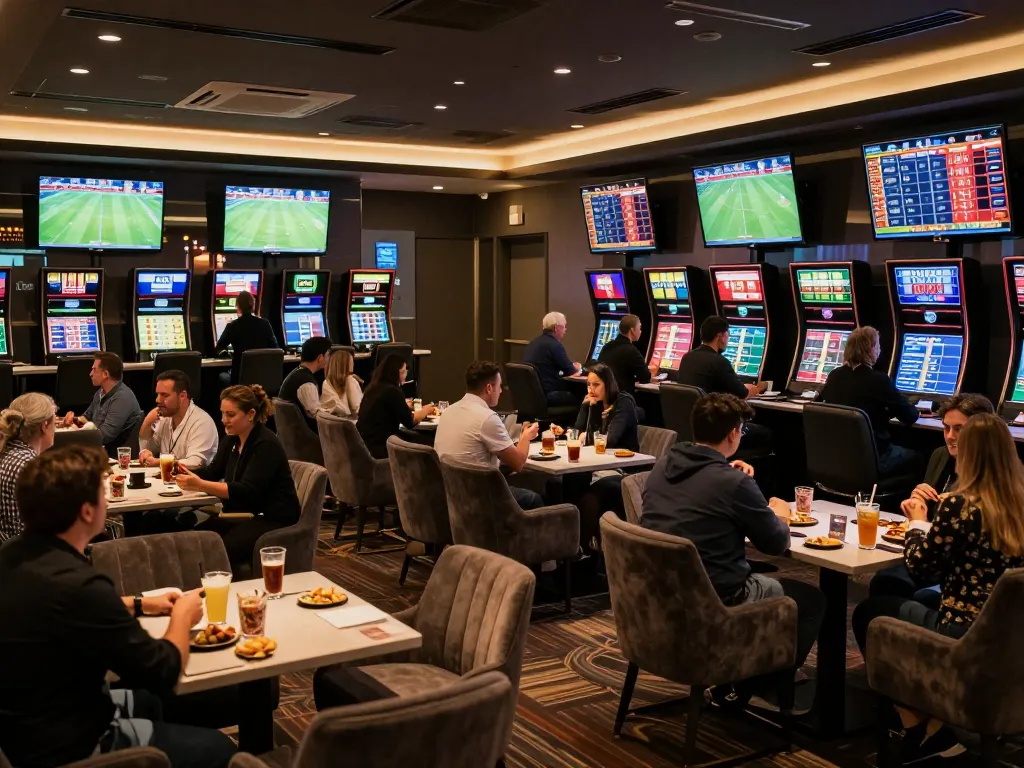 Engaging patrons studying keo nha cai odds in a vibrant sports betting lounge.
