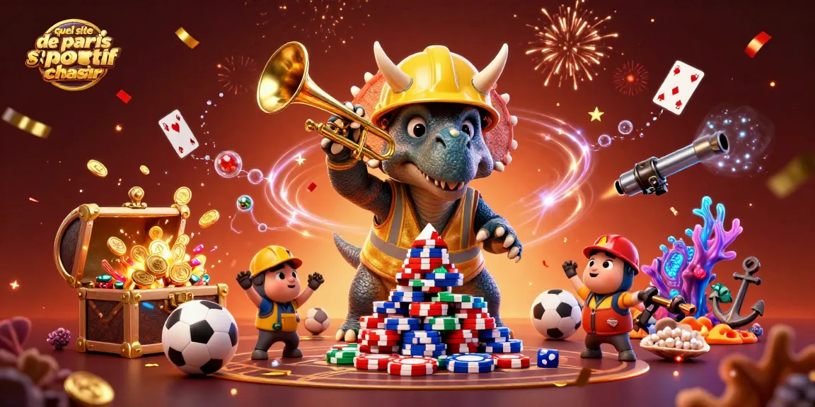 Quel site de paris sportif choisir, célébration animée autour des paris sportifs avec dinosaures et décorations festives.