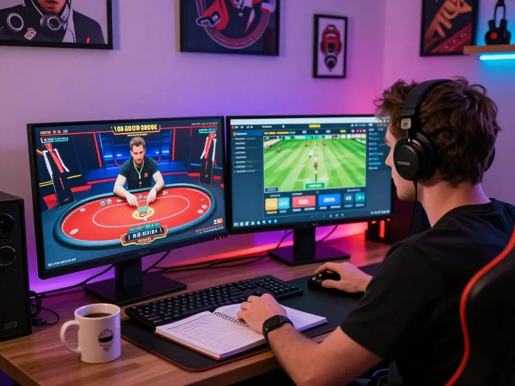 Engaging online poker gameplay at 5699 com with dual screens showing betting options and strategy notes.