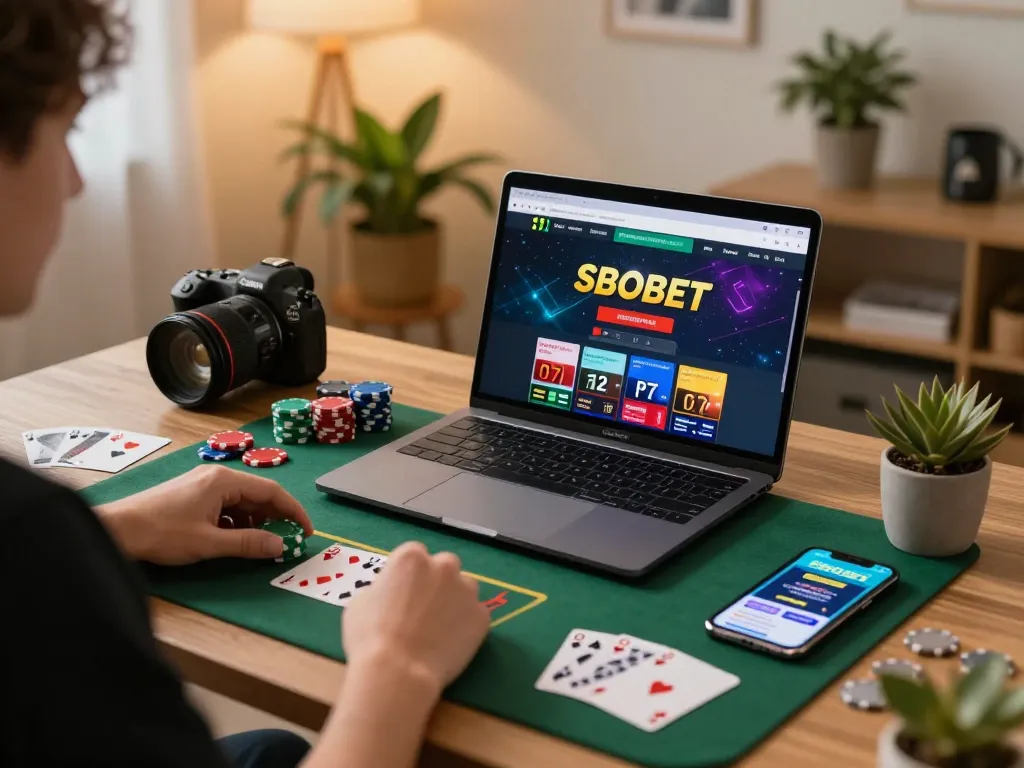 SBOBET gives exciting online gaming experience with a player engaged at home, showcasing cards and chips.