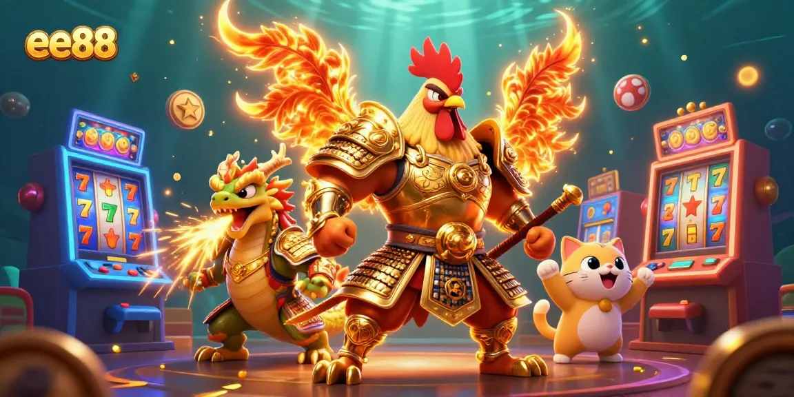 Play exciting slot games at ee88 with vibrant characters surrounded by golden sparkles and casino elements.
