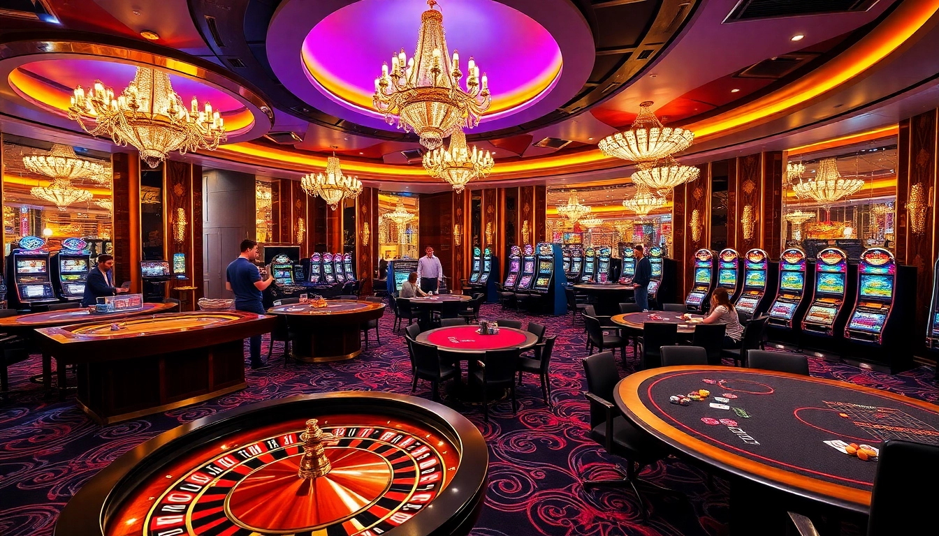 Scène de casino en ligne montrant une table de roulette vibrante et l'excitation du jeu de poker.
