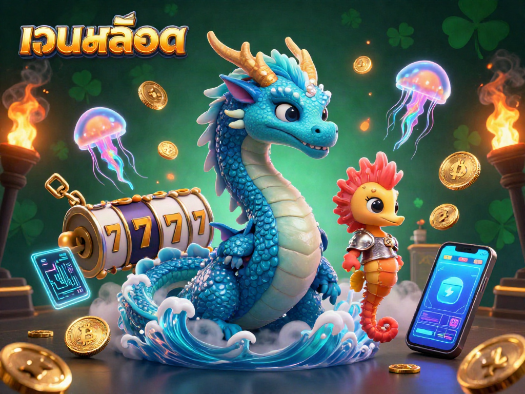 Engage with เว็บสล็อต in this vibrant 3D casino scene featuring a majestic dragon and crypto elements.