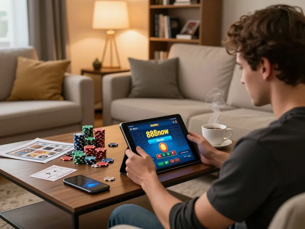 Engaging in online gambling through 888now đăng nhập on a tablet, cozy home setup.