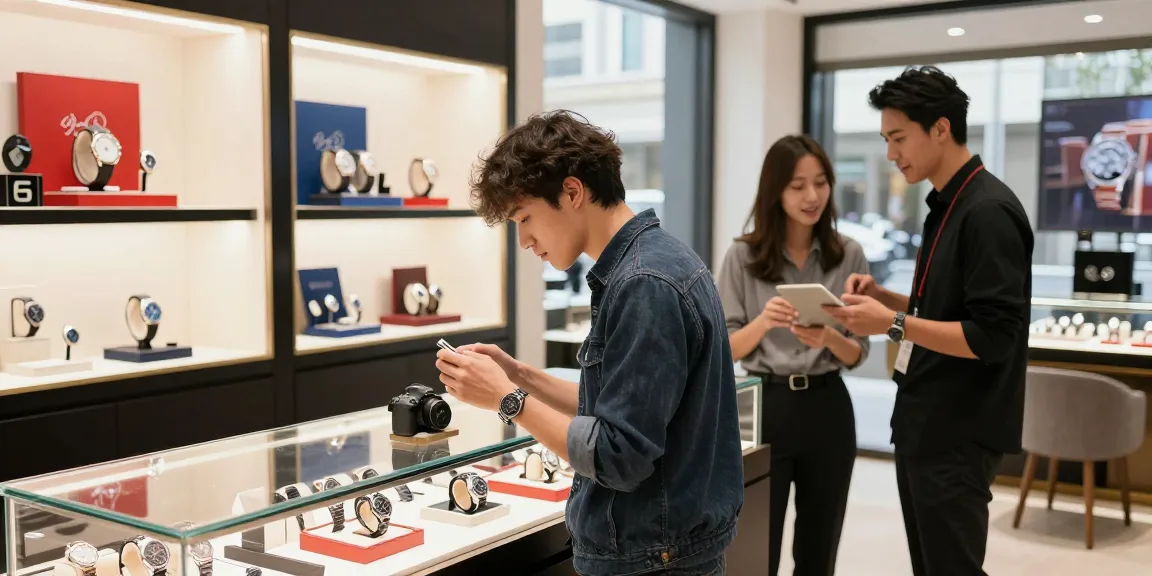 Stylish shopper exploring high-end 시계 레플리카 in vibrant e-commerce store, showcasing luxury items.
