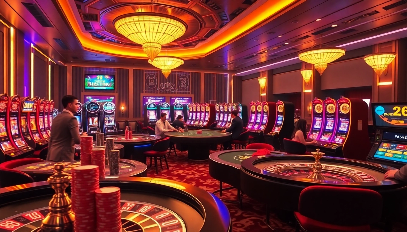 Players enjoying a luxurious gambling experience at okwin casino with vibrant tables and slot machines.