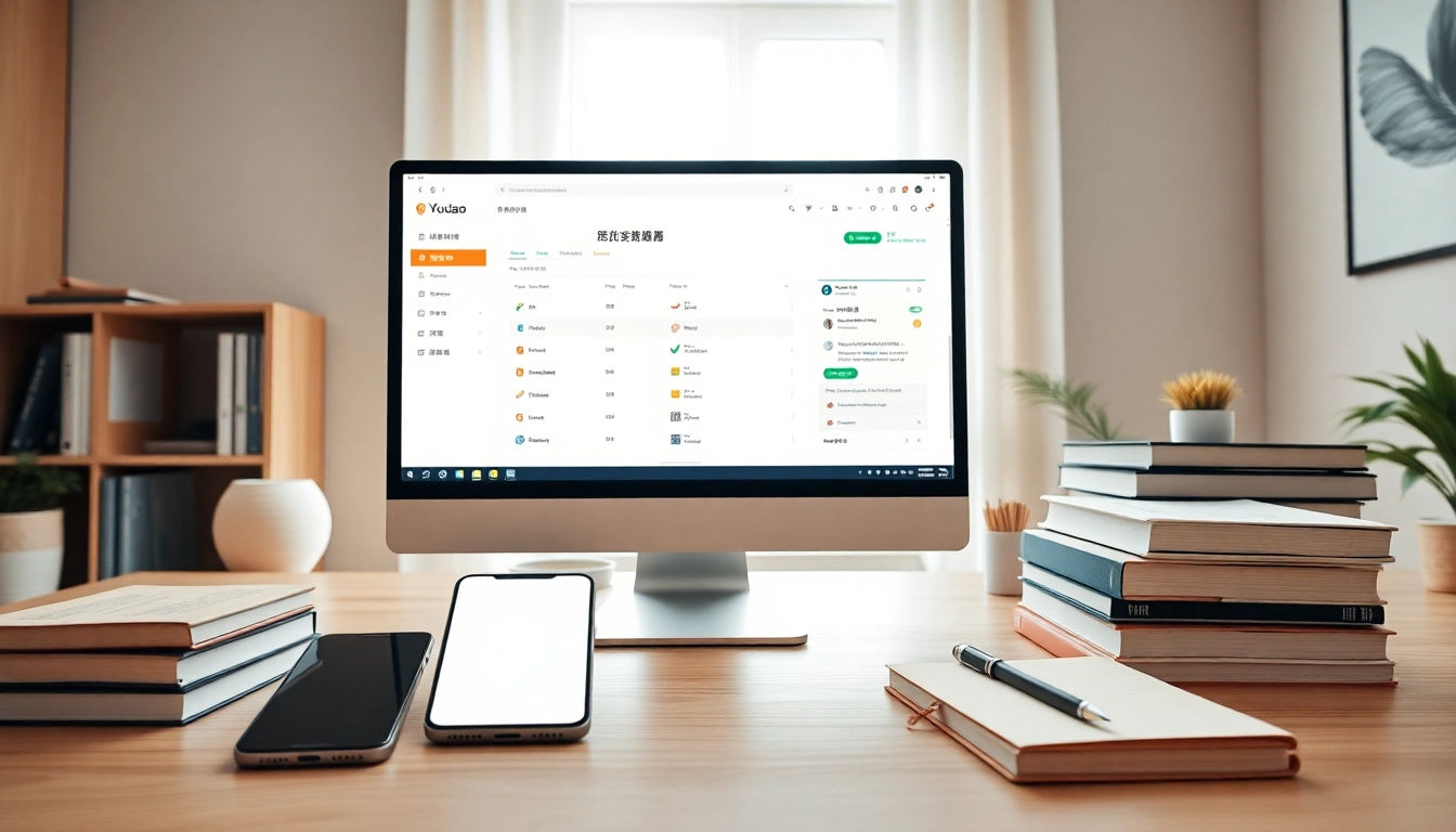 Youdao Translation interface in a modern workspace with multilingual books and smartphone