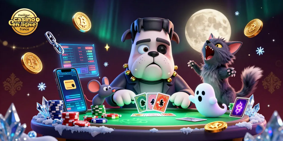 Dans un meilleur casino en ligne France, un chien Frankenstein distribue des cartes à une table verte, avec des éléments Bitcoin et Ethereum autour.