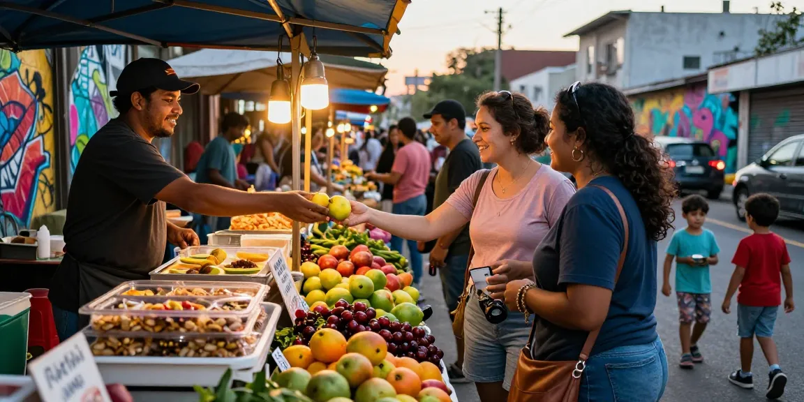 Shoppers engaging at a vibrant street market featuring fresh produce, reflecting community charm with unique vendors.
