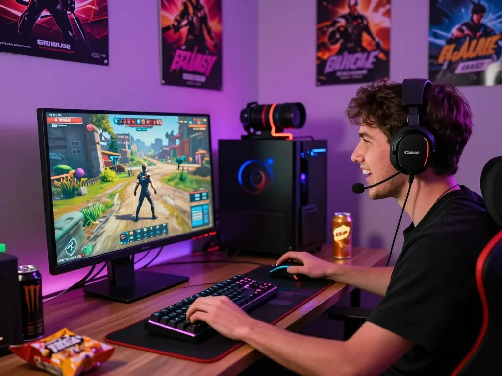 Engaging scene of a gamer enjoying a porn game online with colorful LED lights and dynamic setup.