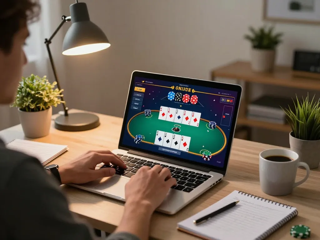 open88 player engaged in online poker game at home, laptop screen displaying game interface and strategy notes.