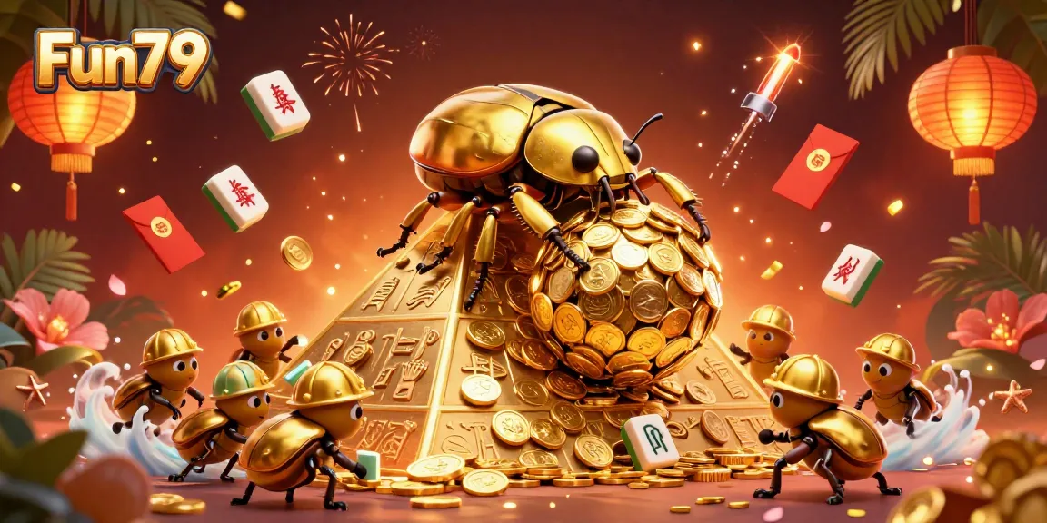 Spin to win at Fun79 with golden beetles and vibrant casino elements in a lively atmosphere.