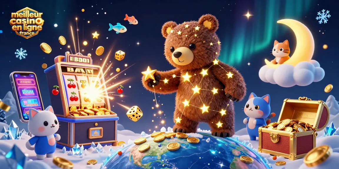 Une scène dynamique illustrant le meilleur casino en ligne France avec des personnages et éléments de jeu en 3D, pleine de lumière et d'argent.